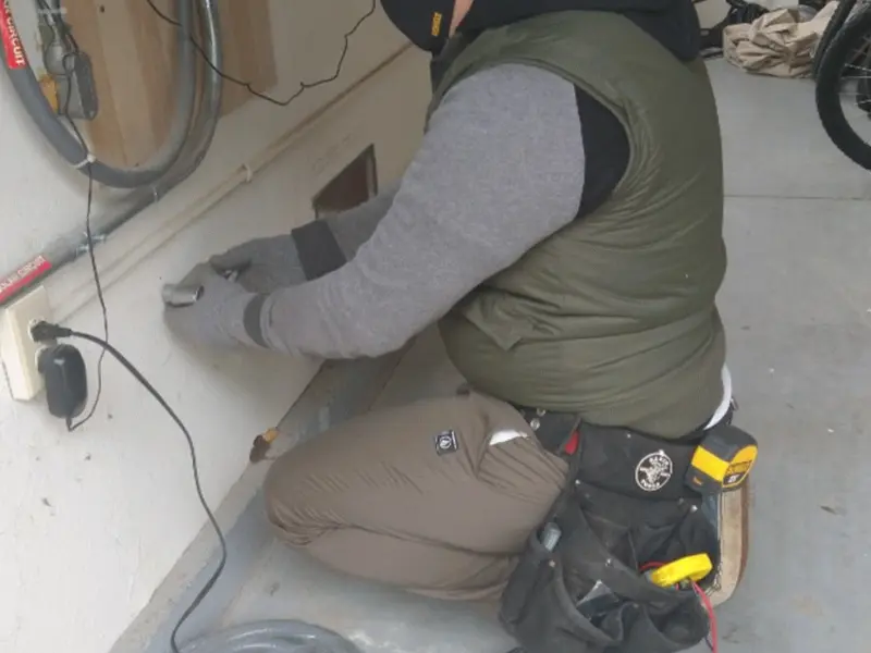 Electrician performing outlet wiring in a Caldwell garage